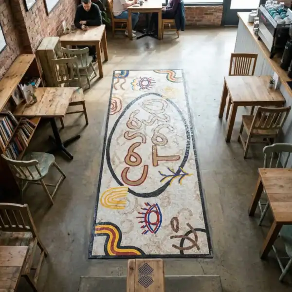Casa Tasa Artistic Mosaic Floor Runner colorful casa tasa mosaic floor with artistic symbols and typography, ideal for cafes, restaurants, creative interiors, and modern hospitality spaces