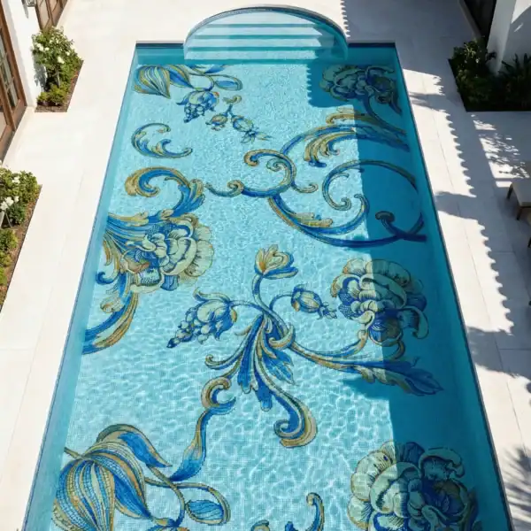Classic Floral Pool Mosaic floral mosaic pool design with blue and gold decorative patterns, ideal for luxury swimming pools, villas and elegant outdoor spaces