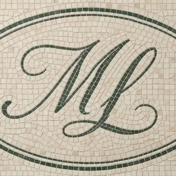 Custom Monogram Mosaic monogram mosaic with MJ initials and estd 2025 in green stone on ivory background, ideal for entryways, luxury interiors, and personalized decor