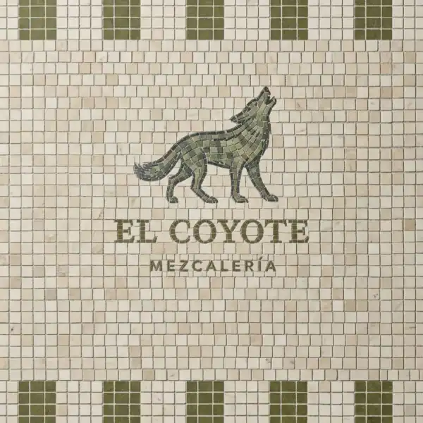 El Coyote Mosaic Sign Panel coyote mosaic signage with green tones and stone tiles, ideal for mezcal bar branding, restaurant walls, and rustic commercial interiors