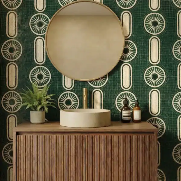 Emerald Bathroom Mosaic Wall emerald green mosaic wall with geometric art deco pattern behind vanity, luxury bathroom feature wall design with elegant tile detailing