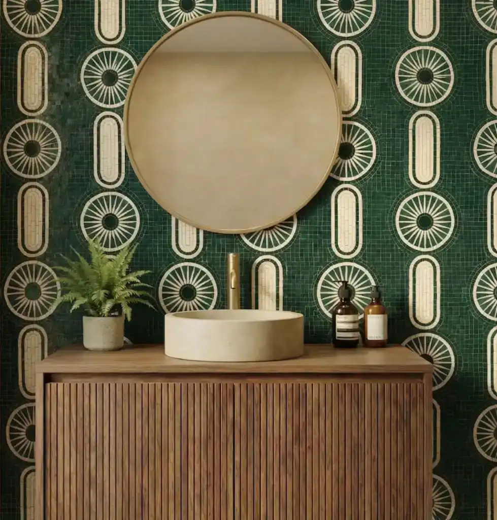 emerald green mosaic wall with geometric art deco pattern behind vanity, luxury bathroom feature wall design with elegant tile detailing