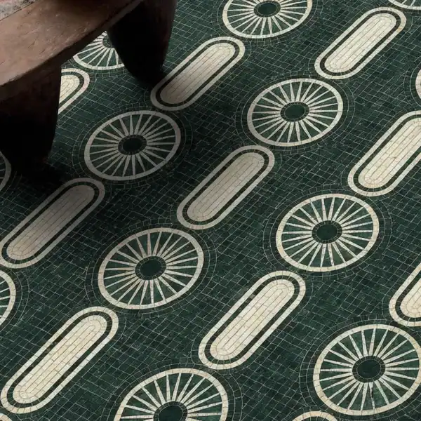 Emerald Radiance emerald green mosaic floor with geometric art deco pattern, luxury tile flooring design for interiors, entryways and high-end architectural spaces