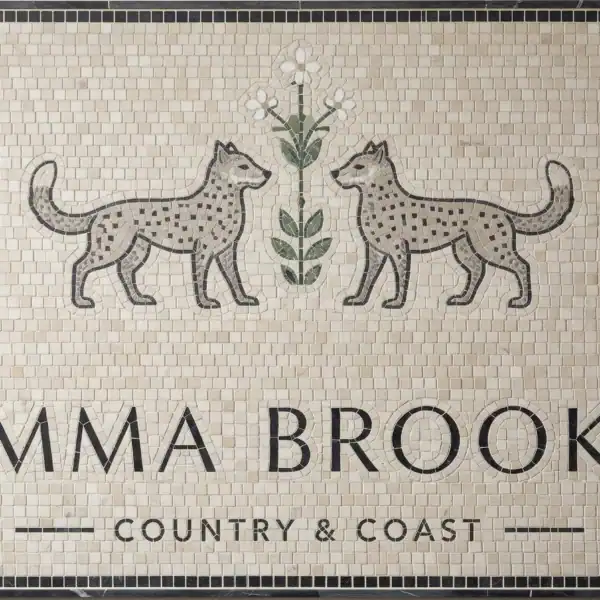 Emma Brooks Heritage Mosaic Panel mosaic sign with animals and floral motif reading emma brooks country and coast, ideal for boutique stores, cafes, and rustic interior design