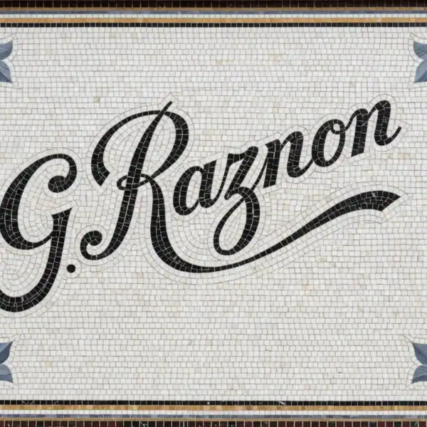G. Razno Signature Mosaic Panel custom mosaic signage with elegant script lettering and floral corners in black and ivory tones, ideal for entryways, boutiques, and luxury interiors