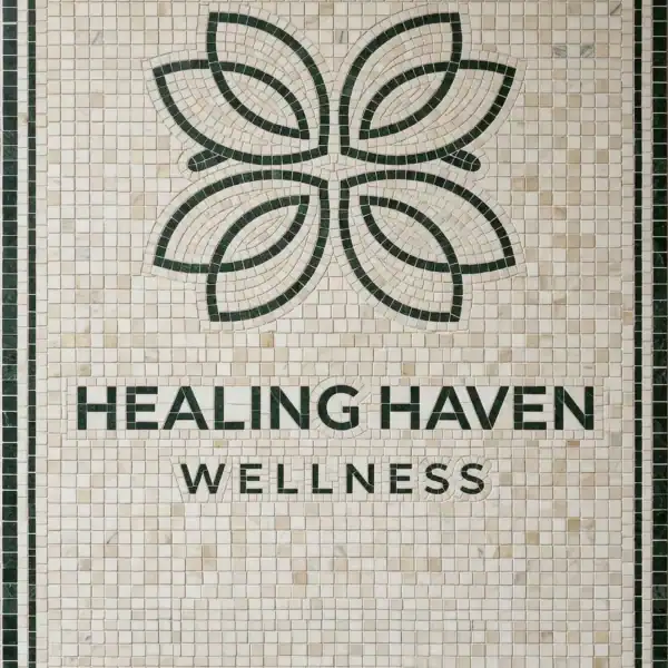 Healing Haven Wellness Mosaic Panel wellness mosaic sign with leaf motif and green tones on ivory stone, ideal for spa interiors, yoga studios, and calming wellness environments