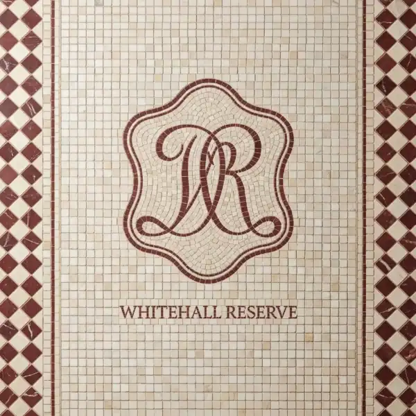 Heritage Crest Initial Mosaic custom monogram mosaic floor with burgundy and ivory tones, elegant diamond border design for luxury entryways, hotels, and classic interiors