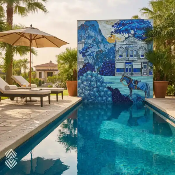 In the Quiet of Blue blue scenic mosaic wall with architecture and nature design, luxury poolside feature wall for villas and outdoor landscape spaces