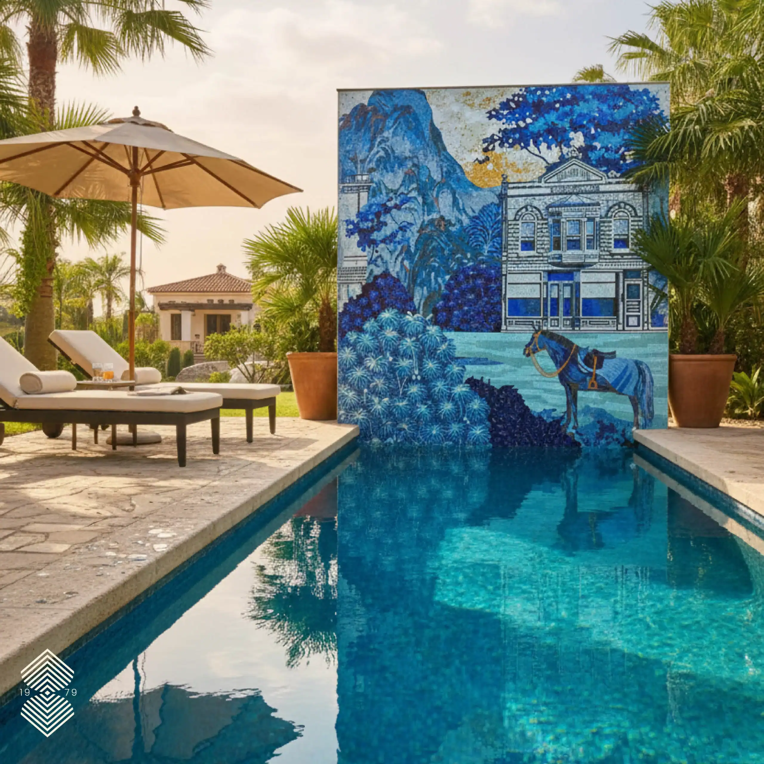 blue scenic mosaic wall with architecture and nature design, luxury poolside feature wall for villas and outdoor landscape spaces