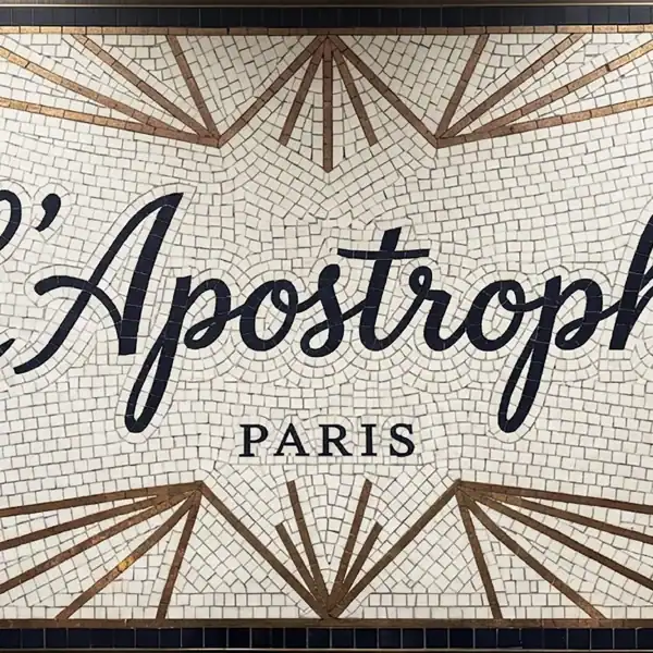 L’Apostrophe Art Deco Mosaic Panel art deco mosaic signage with paris typography in navy and bronze tones, elegant design for restaurants, cafés, and luxury commercial interiors