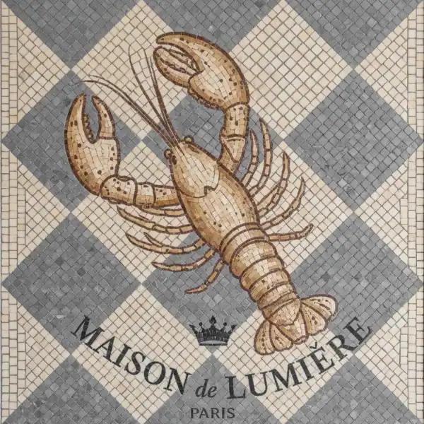 Lobster Mosaic Panel lobster mosaic design with diamond grid background and paris text, ideal for seafood restaurant decor, kitchen backsplash, and coastal interiors