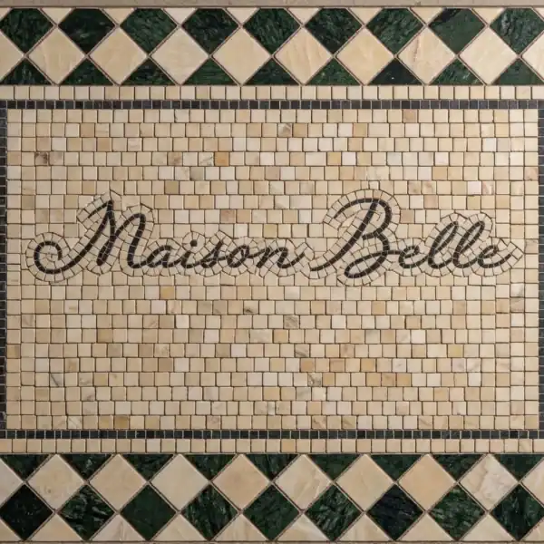Maison Belle Heritage Mosaic Panel maison belle mosaic signage with green and beige tones, elegant script design for entryways, boutique hotels, and classic european interiors
