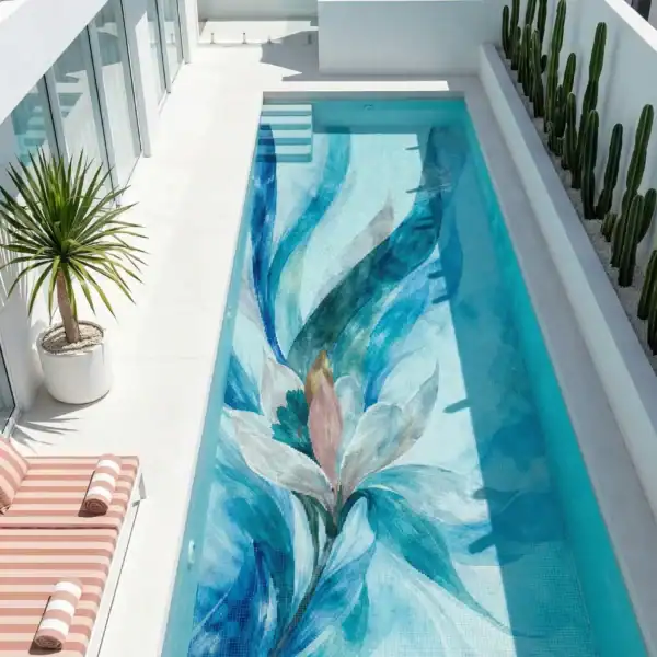 Modern Artistic Floral Pool Mosaic Modern Artistic floral mosaic pool design with blue and aqua flowing patterns, ideal for luxury swimming pools, villas and modern outdoor spaces