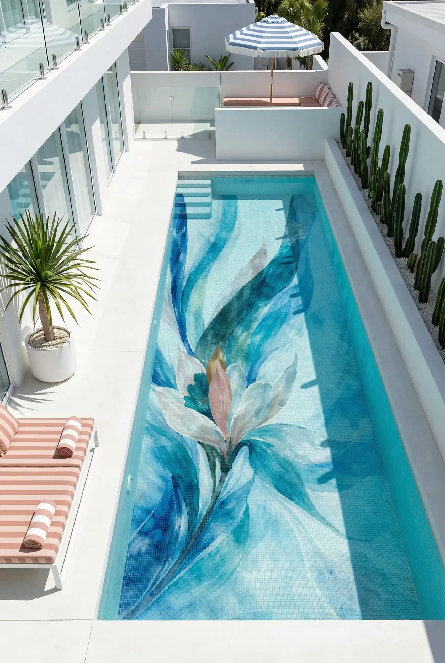 Modern Artistic floral mosaic pool design with blue and aqua flowing patterns, ideal for luxury swimming pools, villas and modern outdoor spaces