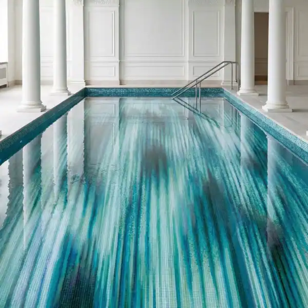 Modern Gradient Mosaic Pool Modern Gradient mosaic pool design with teal and aqua gradient tiles, ideal for indoor pools, luxury spas and modern architectural spaces
