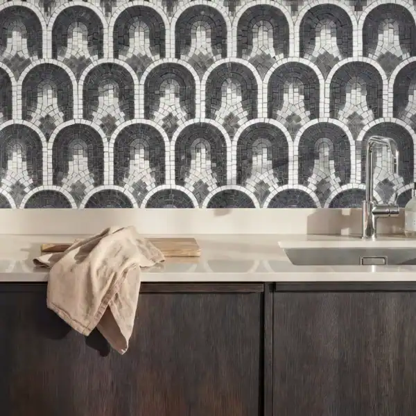 Modernist Spires Backsplash black and white geometric mosaic backsplash with arch pattern, modern kitchen wall design with elegant stone tile detailing and contemporary style