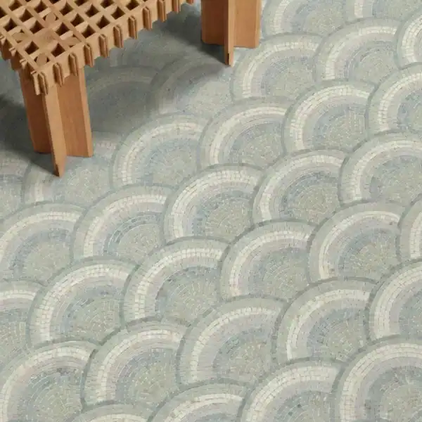 Morning Mist Arcs soft blue arc mosaic floor pattern with curved geometric design, elegant tile flooring for modern interiors, spa spaces and luxury residential areas