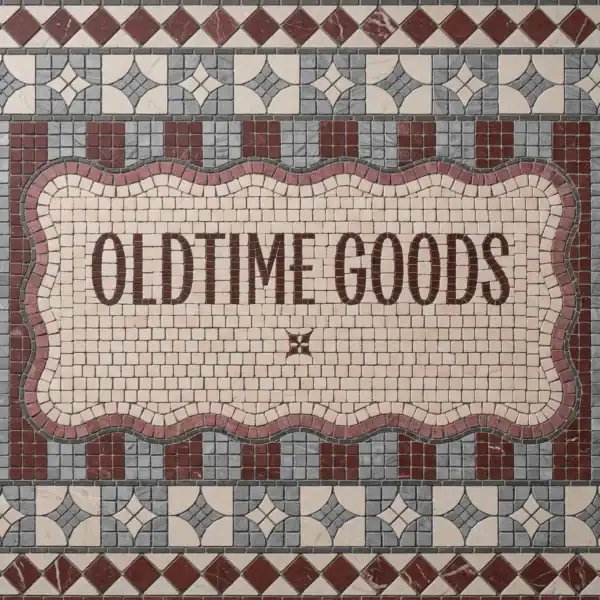 Old Time Goods Heritage Mosaic Panel vintage mosaic sign with old time goods text, red and grey geometric border, ideal for retail shops, cafes, and classic interior decor