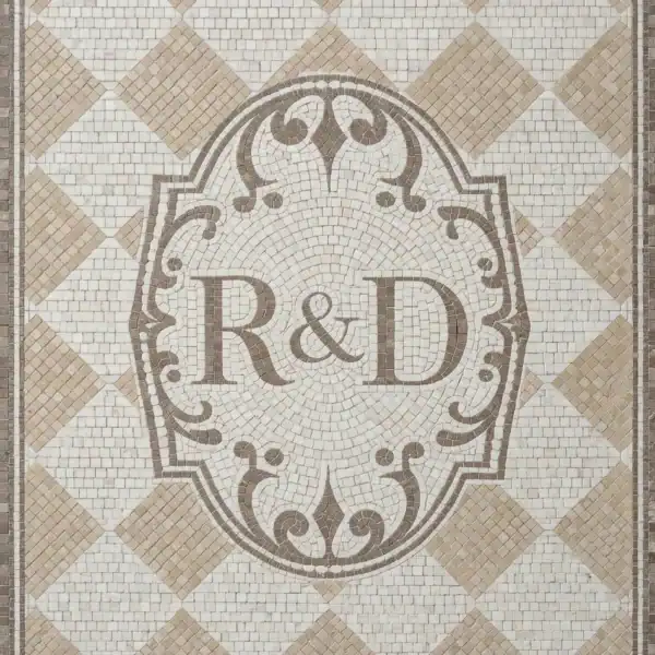 R&D Heritage Crest Mosaic Panel neutral diamond mosaic floor with R&D monogram crest in beige and taupe tones, elegant design for luxury entryways and classic interiors