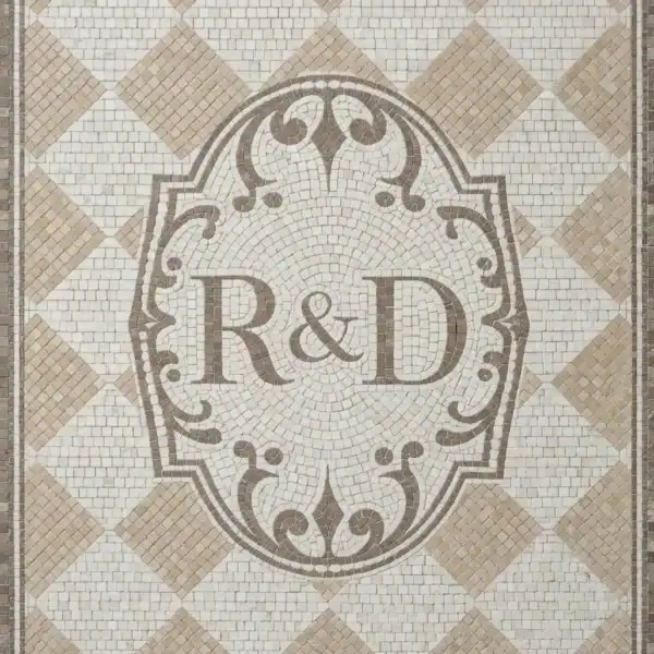 R&D Heritage Crest Mosaic Panel neutral diamond mosaic floor with R&D monogram crest in beige and taupe tones, elegant design for luxury entryways and classic interiors