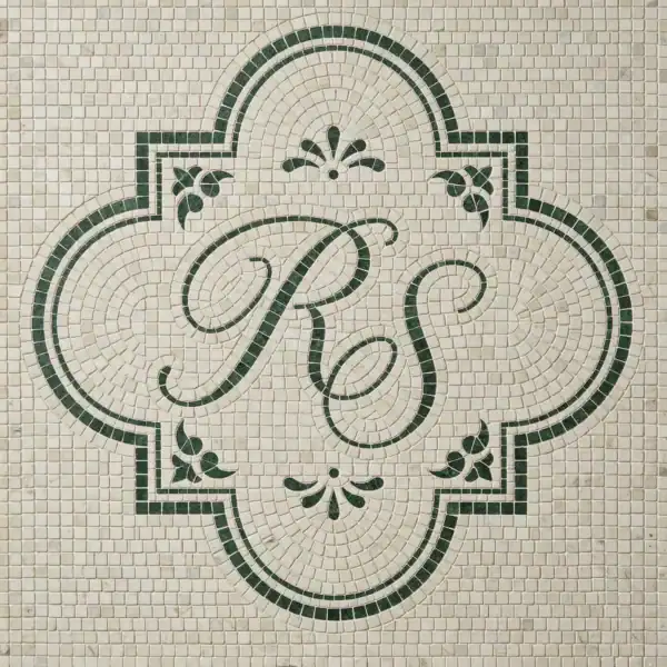 RS Monogram Heritage Mosaic Panel monogram mosaic with RS initials in green stone and ornate quatrefoil frame, ideal for entryways, luxury bathrooms, and personalized interiors