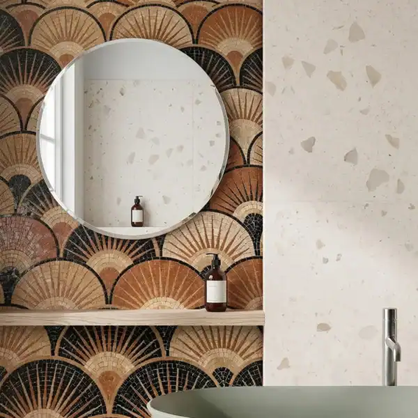 Sienna Axiom Bathroom Wall terracotta fan pattern mosaic wall with art deco geometric design, warm tone tiles for bathroom feature walls and luxury interior spaces.
