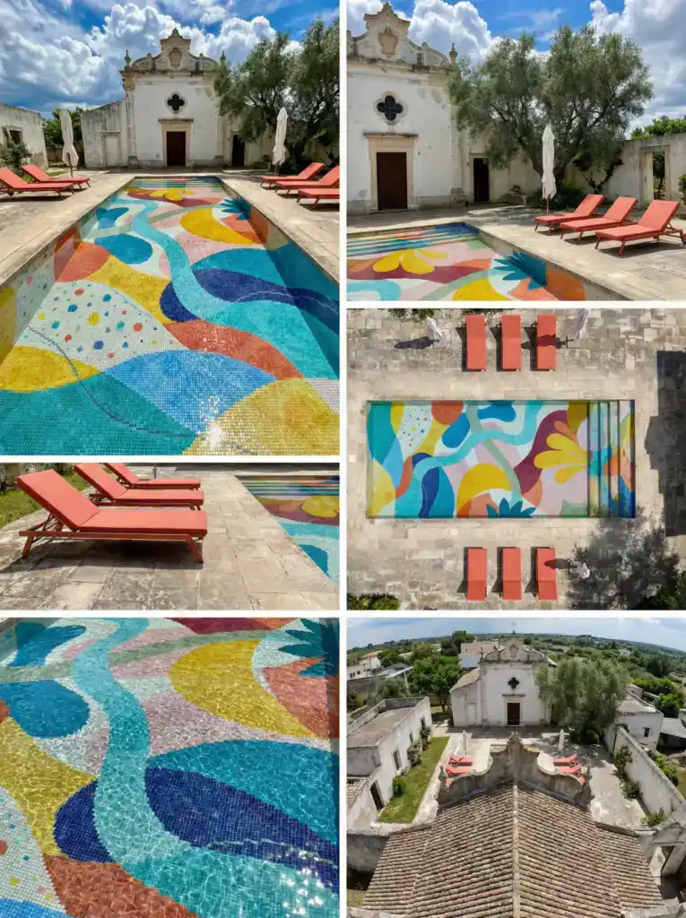 pool design with vibrant geometric patterns, ideal for luxury swimming pools, modern villas and artistic outdoor spaces