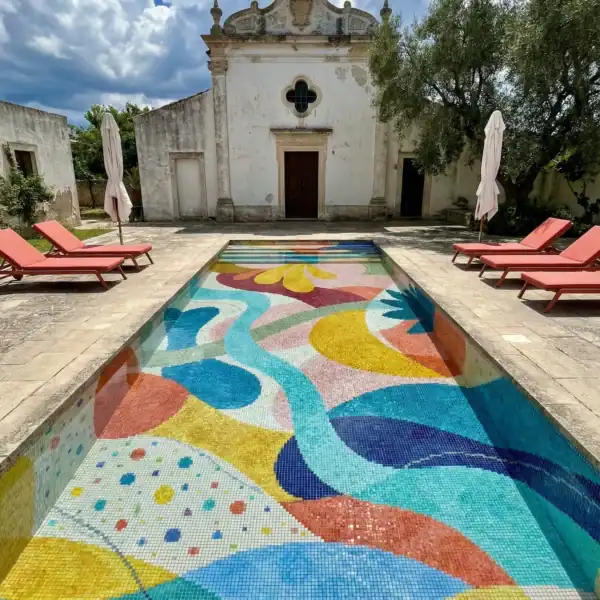 Statement Multicolor Mosaic Pool Floor Multicolor abstract mosaic pool design with vibrant geometric patterns, ideal for luxury swimming pools, modern villas and artistic outdoor spaces