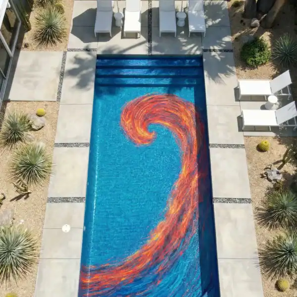 Statement Wave Pool Mosaic Statementwave mosaic pool design with red and orange swirl on blue tiles, ideal for luxury swimming pools, modern villas and artistic outdoor spaces