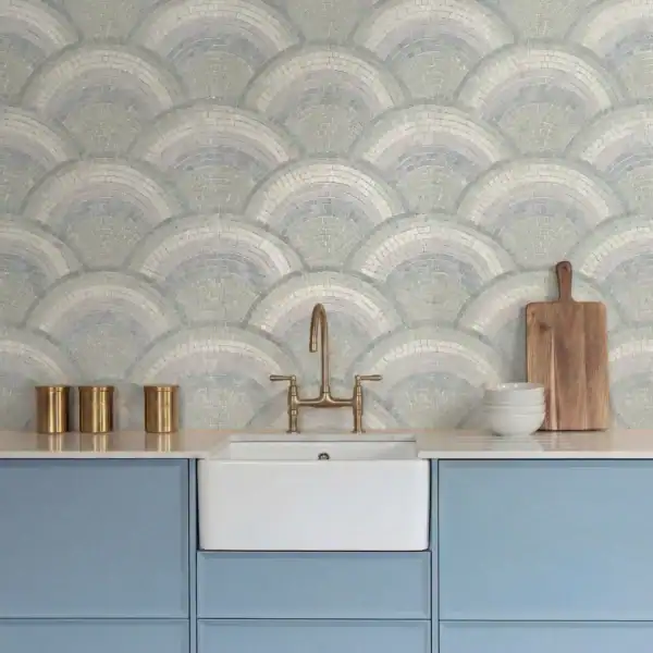 The Azure Tide Backsplash blue scallop mosaic wall with wave pattern in soft coastal tones, ideal for kitchen backsplash, bathroom walls, and elegant modern interiors