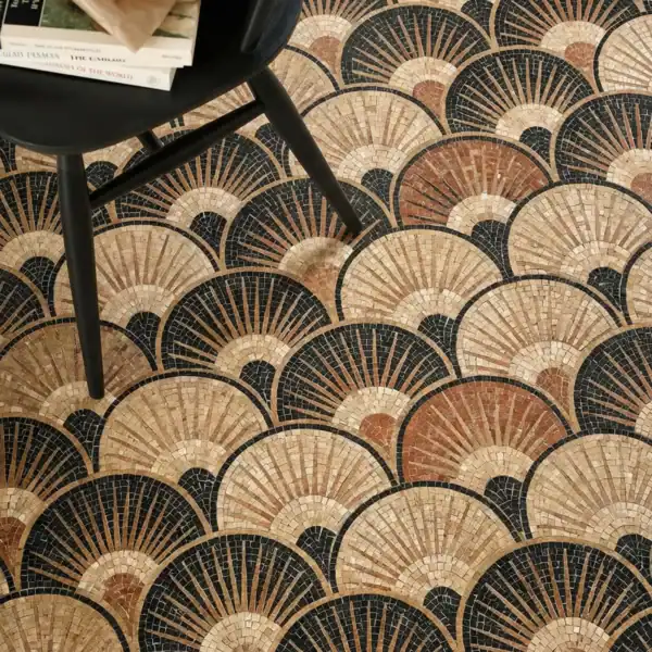 The Gilded Sunburst art deco sunburst mosaic floor with fan pattern in terracotta and black tones, ideal for luxury interiors, statement flooring, and elegant spaces