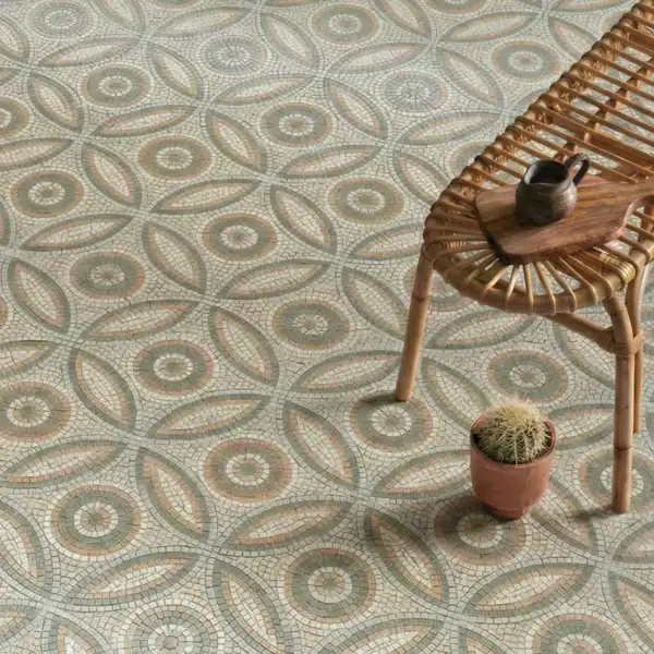 The Petal Lattice floral geometric mosaic floor with interlocking petal pattern in earth tones, ideal for elegant interiors, bathrooms, and decorative flooring designs