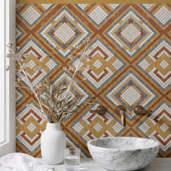 The Roman Grid . geometric diamond mosaic wall in roman style with terracotta and blue tones, ideal for bathroom backsplash, luxury interiors, and feature walls