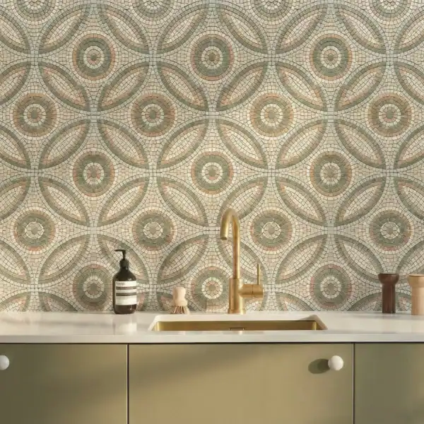 The Sage Flora Sequence sage green floral mosaic backsplash with circular pattern, ideal for kitchen, bathroom walls, and modern organic interior design