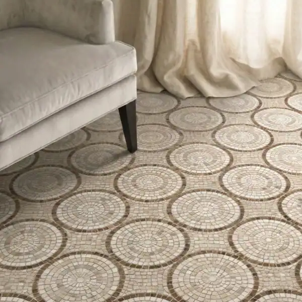 The Sandstone Orbital circular sandstone mosaic floor with radial pattern in neutral tones, ideal for living rooms, entryways, and luxury interior flooring design