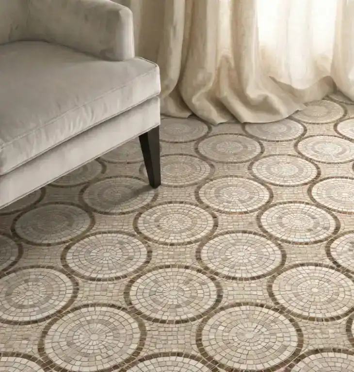 circular sandstone mosaic floor with radial pattern in neutral tones, ideal for living rooms, entryways, and luxury interior flooring design