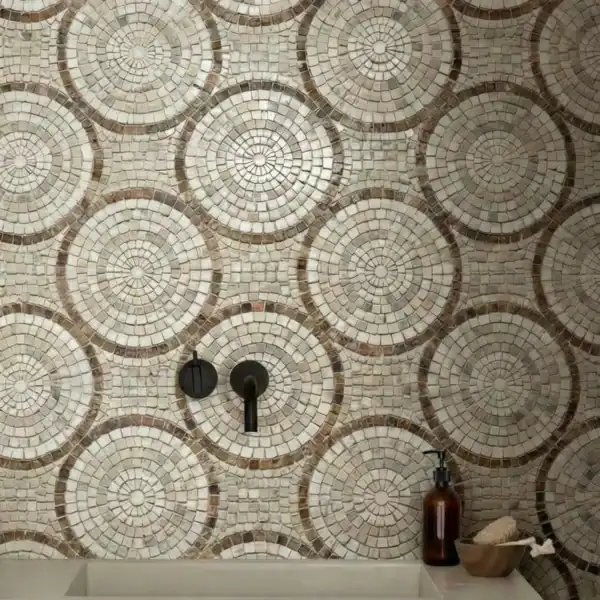 The Sandstone Roundel circular sandstone mosaic wall with concentric roundel pattern, ideal for bathroom walls, backsplashes, and classic interior design