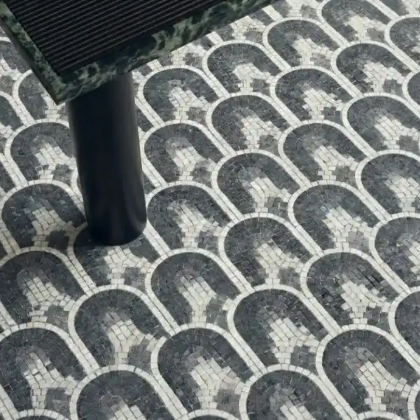 The Vesper Arches black and white arch mosaic floor pattern with geometric design, ideal for bathroom floors, kitchens, and modern luxury interiors