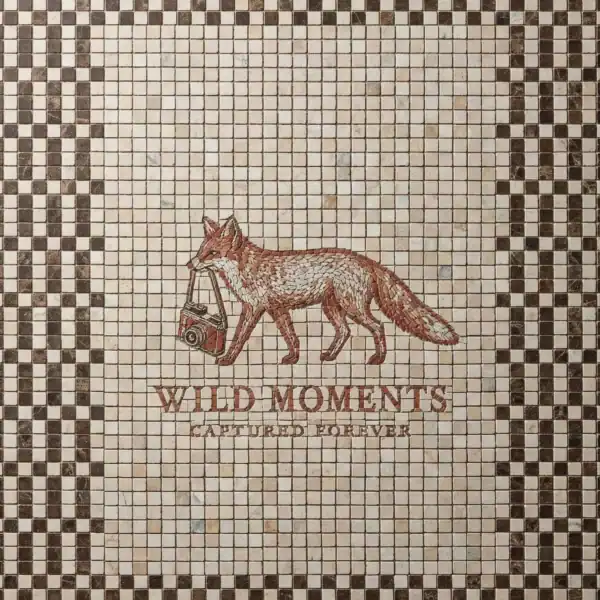 Wild Moments Mosaic Panel fox mosaic with vintage camera and text wild moments, artistic design in earthy tones for cafés, studios, and creative commercial interiors.
