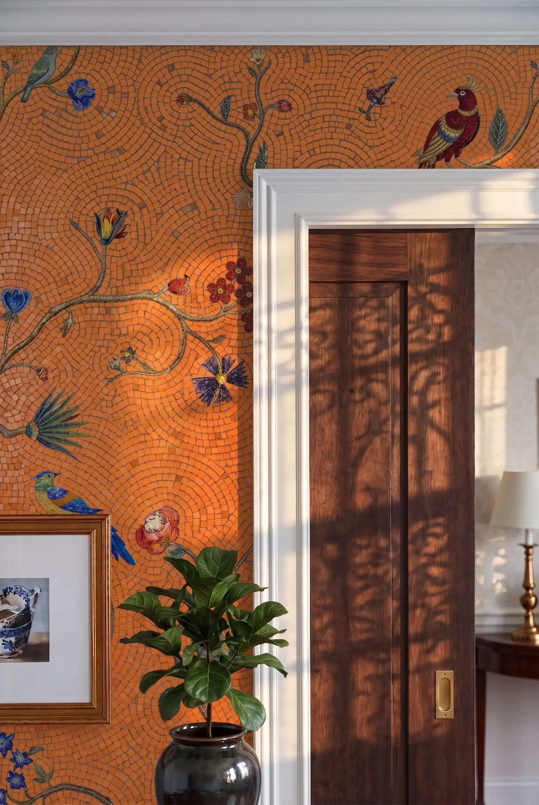 mosaic wall with botanical vines, birds, and handcrafted artistic details .