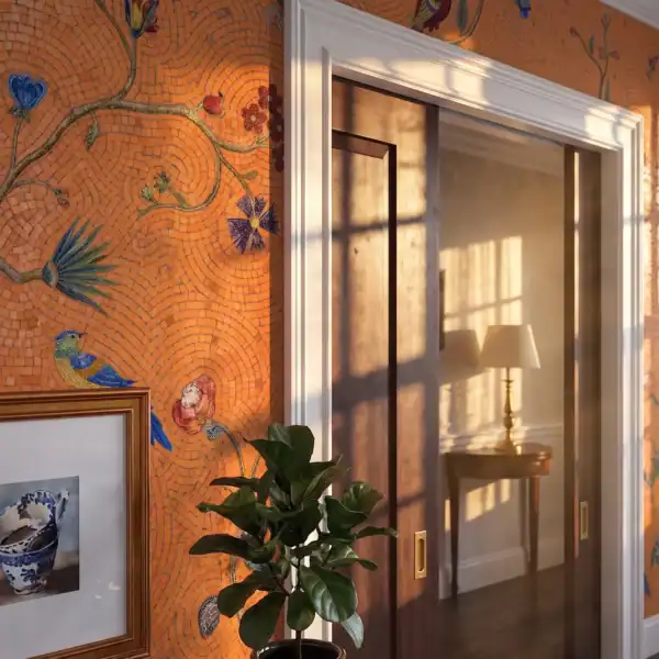 Amber Garden Mosaic Wall warm terracotta mosaic wall with botanical vines, birds, and handcrafted artistic details in an elegant luxury interior hallway