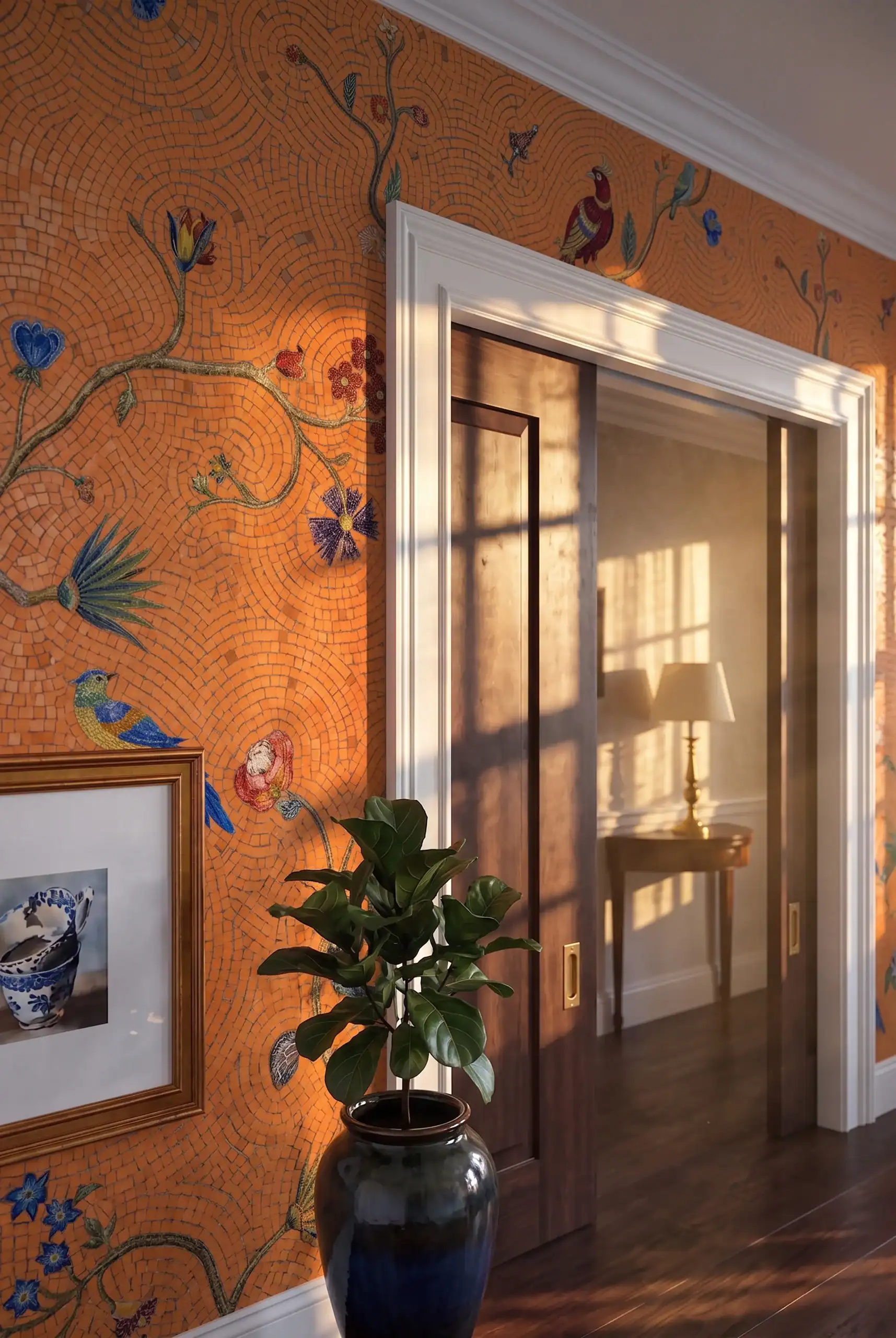 warm terracotta mosaic wall with botanical vines, birds, and handcrafted artistic details in an elegant luxury interior hallway