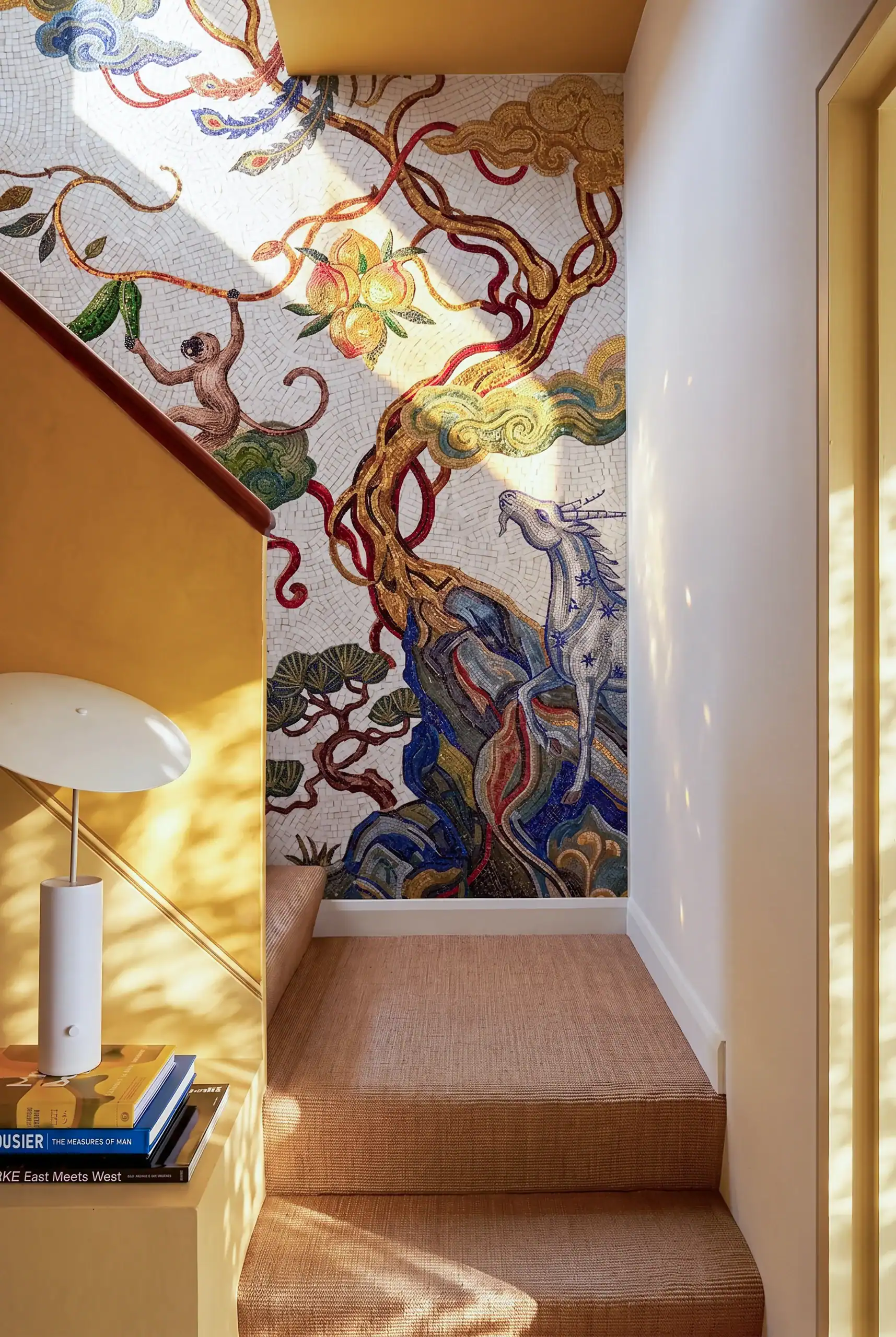 mosaic mural featuring fantasy creatures, flowing vines, and handcrafted artistic storytelling in elegant interior