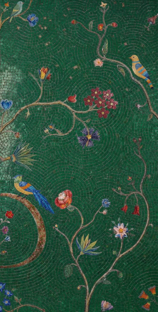 Chinoiserie Mosaic Design in Green Blue and Crimson