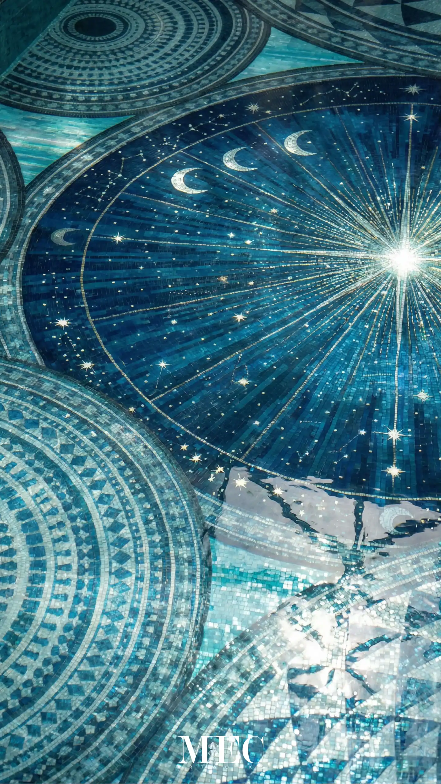 pool with cosmic mandalas stars and lunar motifs in layered blue glass mosaic underwater design