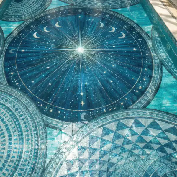 Cosmic Mandala Mosaic Pool luxury celestial mosaic pool with cosmic mandalas stars and lunar motifs in layered blue glass mosaic underwater design