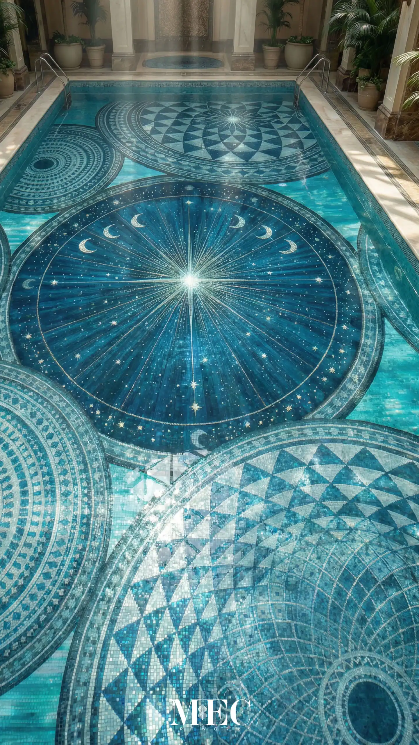 luxury celestial mosaic pool with cosmic mandalas stars and lunar motifs in layered blue glass mosaic underwater design