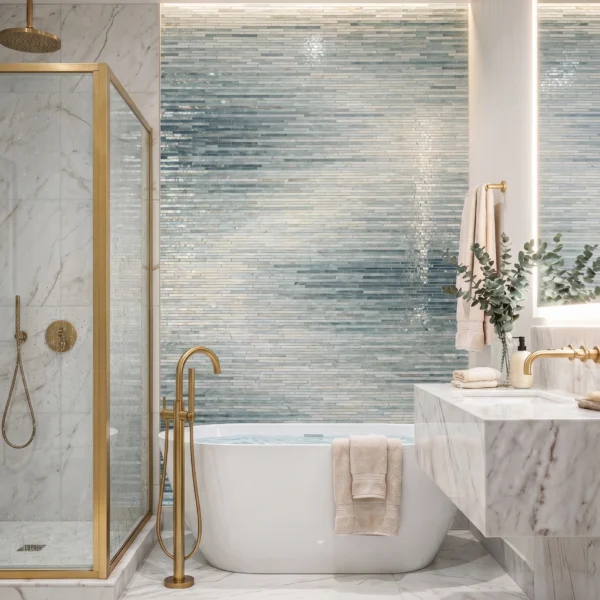 Crystal Tide Bathroom Mosaic Wall light blue and silver linear glass mosaic wall behind luxury bathtub in modern marble bathroom with spa-inspired interior