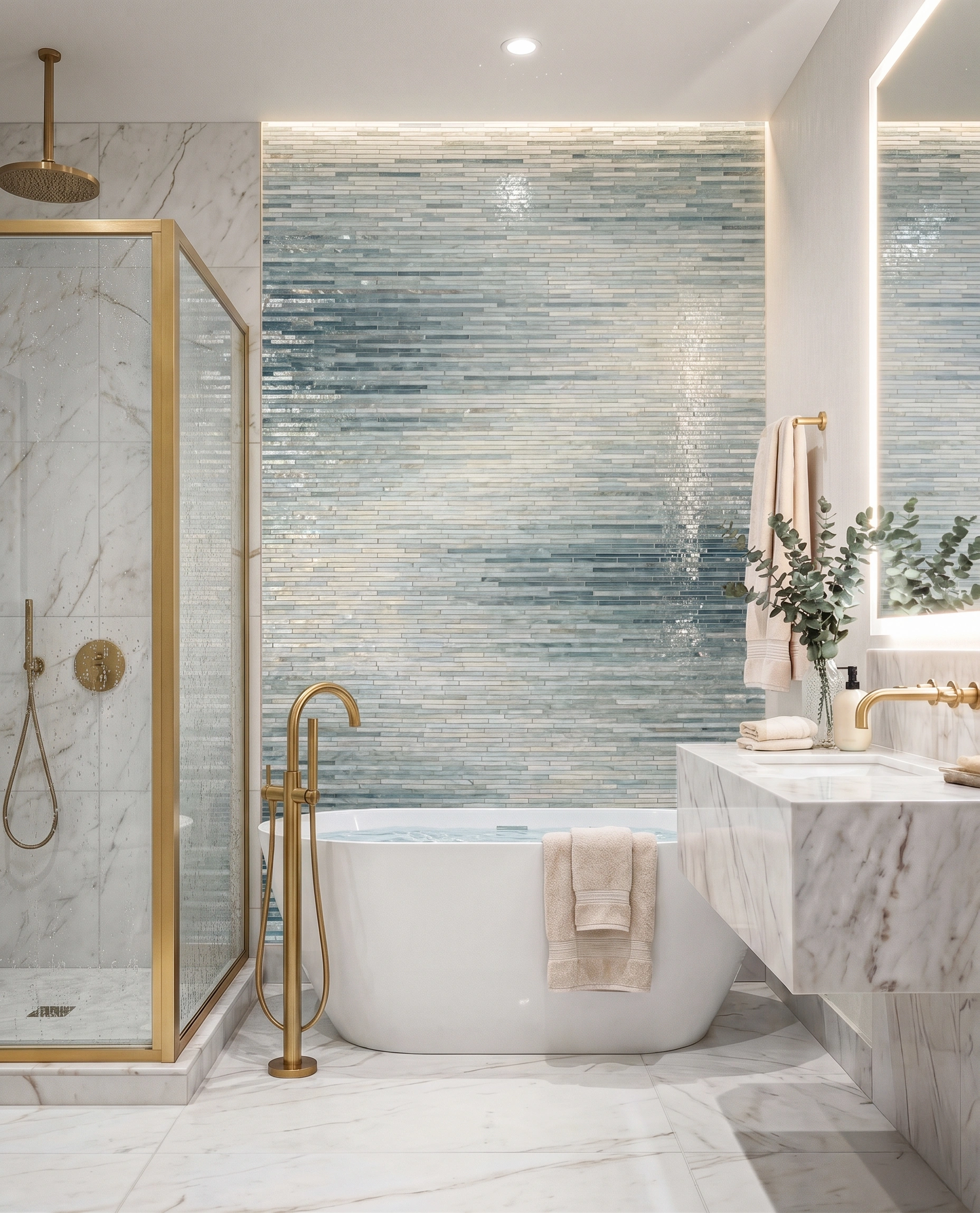 light blue and silver linear glass mosaic wall behind luxury bathtub in modern marble bathroom with spa-inspired interior