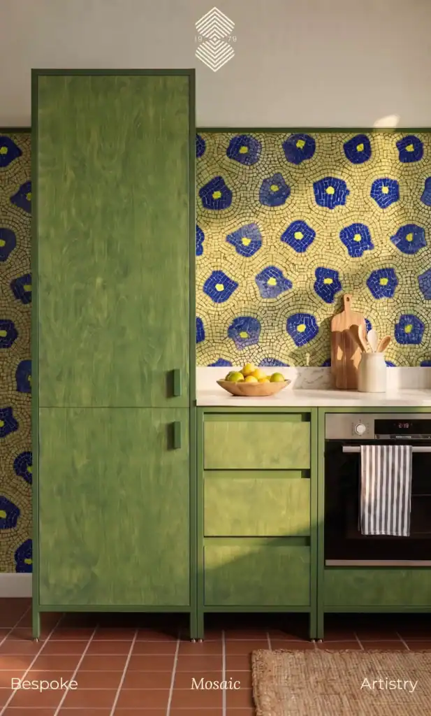 Green Gold and Blue Kitchen Backsplash Featuring Floral Abstractions